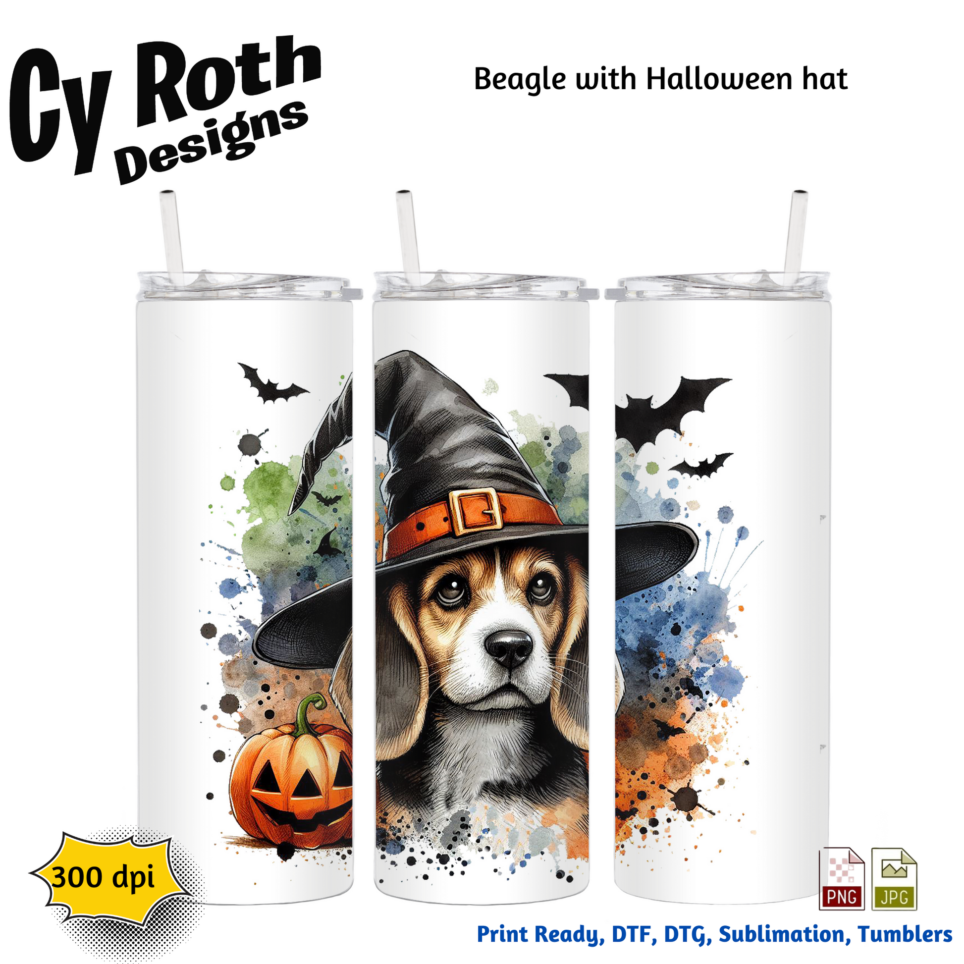 Tumblers with a beagle wearing a Halloween witch hat design, featuring Cy Roth Designs branding.