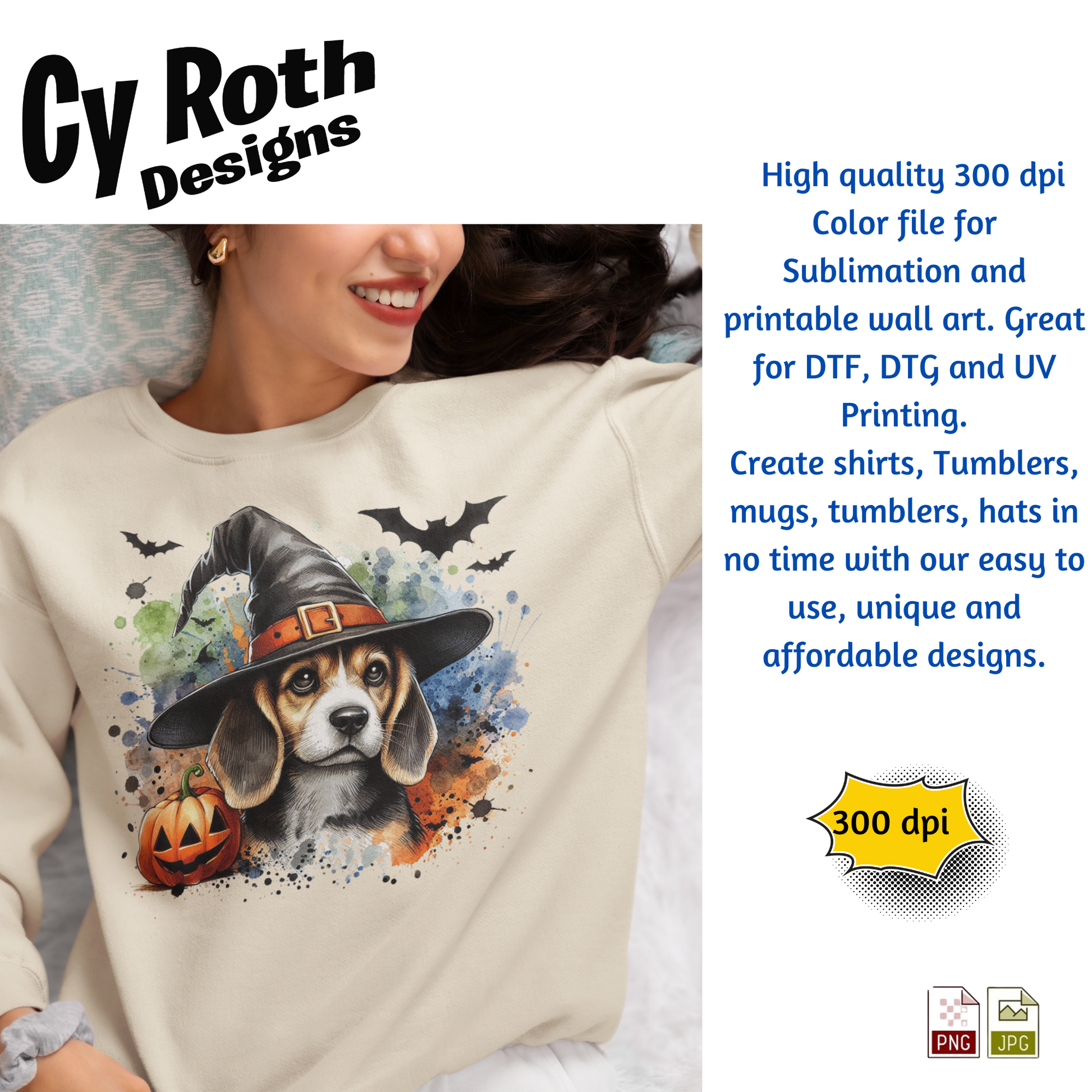 Person wearing a sweatshirt with a dog in a witch hat design, surrounded by Halloween elements. Cy Roth Designs branding and product details on the right.