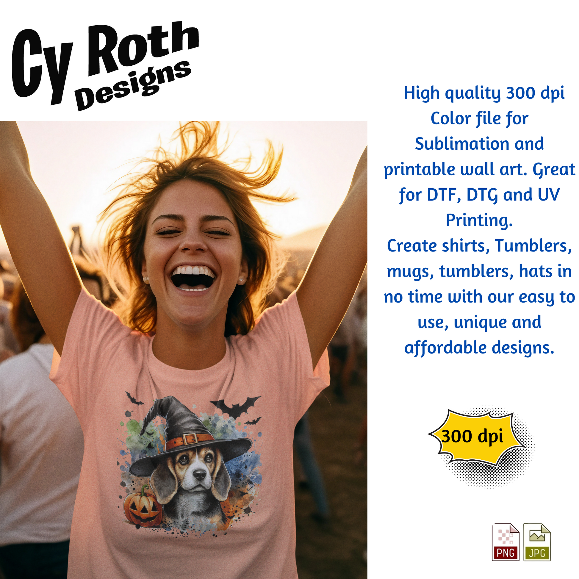 Woman wearing a pink t-shirt with a dog graphic, surrounded by promotional text about Cy Roth Designs.