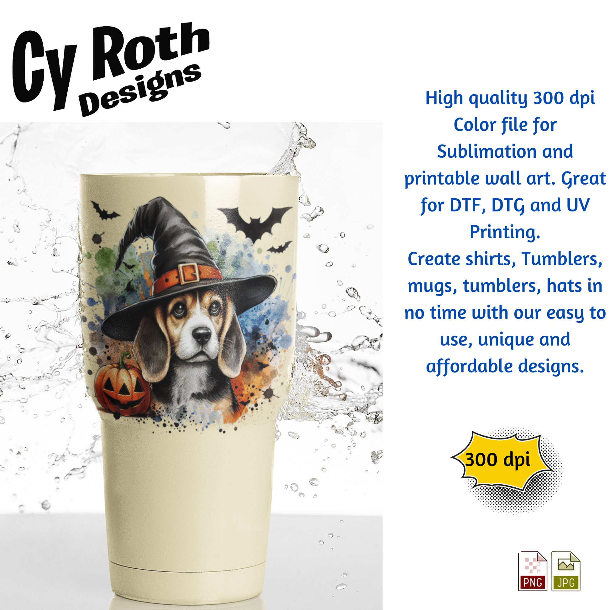 Tumbler with a dog wearing a witch hat design, surrounded by Halloween elements, with Cy Roth Designs branding.