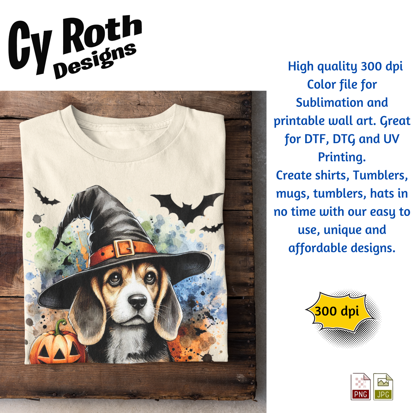 T-shirt with a dog wearing a witch hat and Halloween-themed design on a wooden surface, featuring Cy Roth Designs branding.