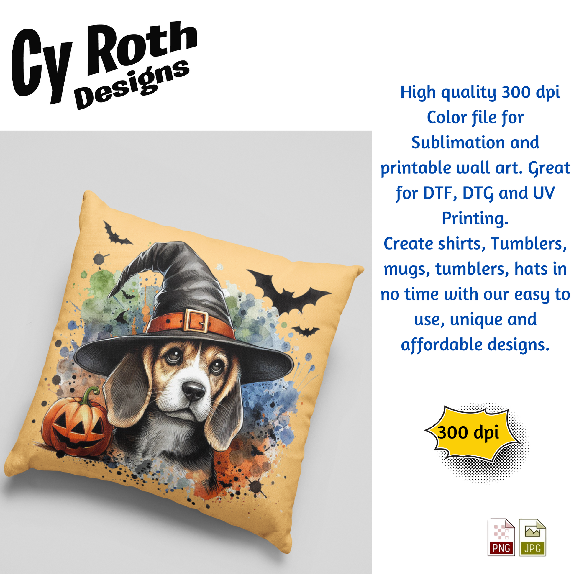 Halloween-themed pillow with a dog wearing a witch hat on a gray background, featuring Cy Roth Designs branding.