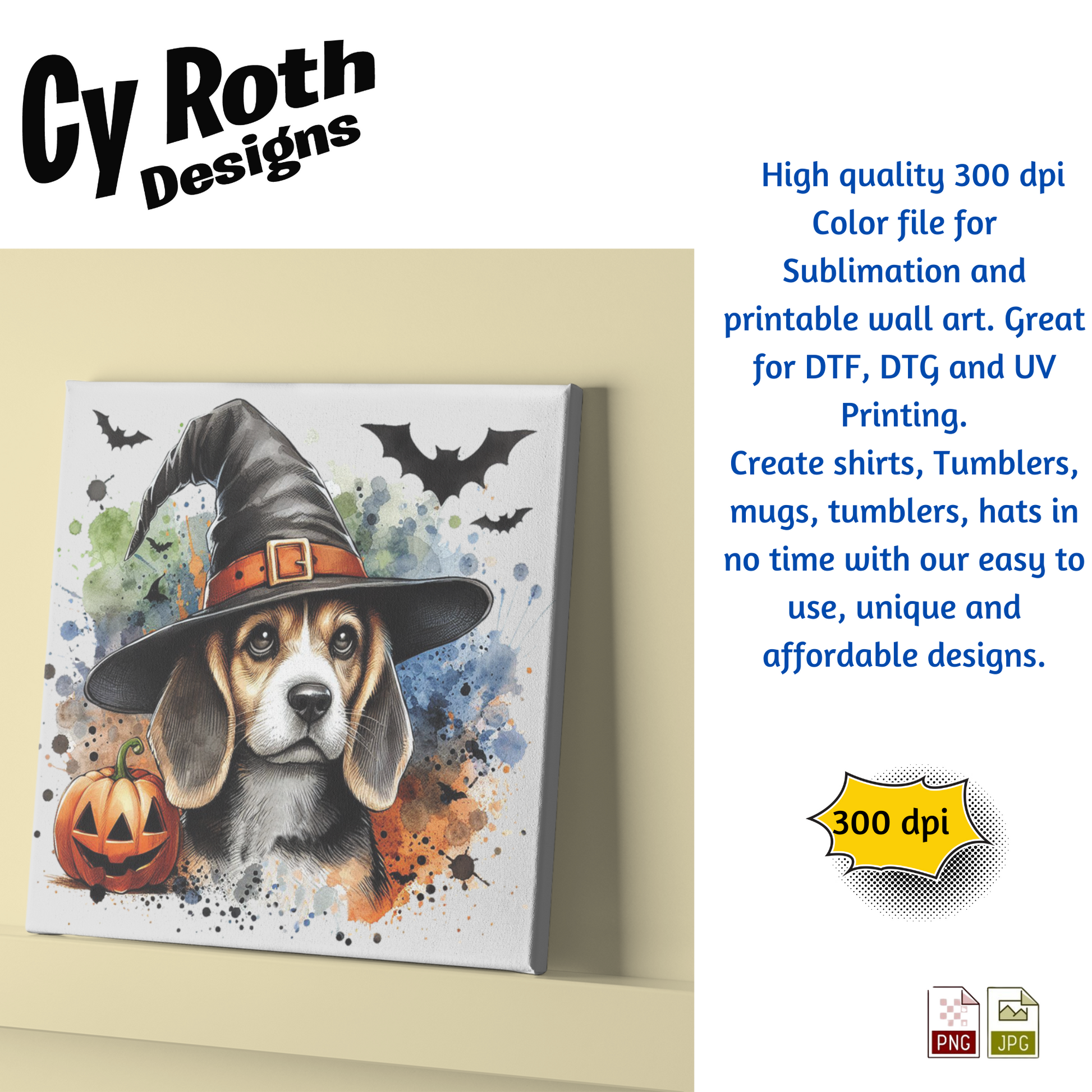 Halloween-themed wall art with a dog wearing a witch hat and pumpkin, featuring Cy Roth Designs branding.