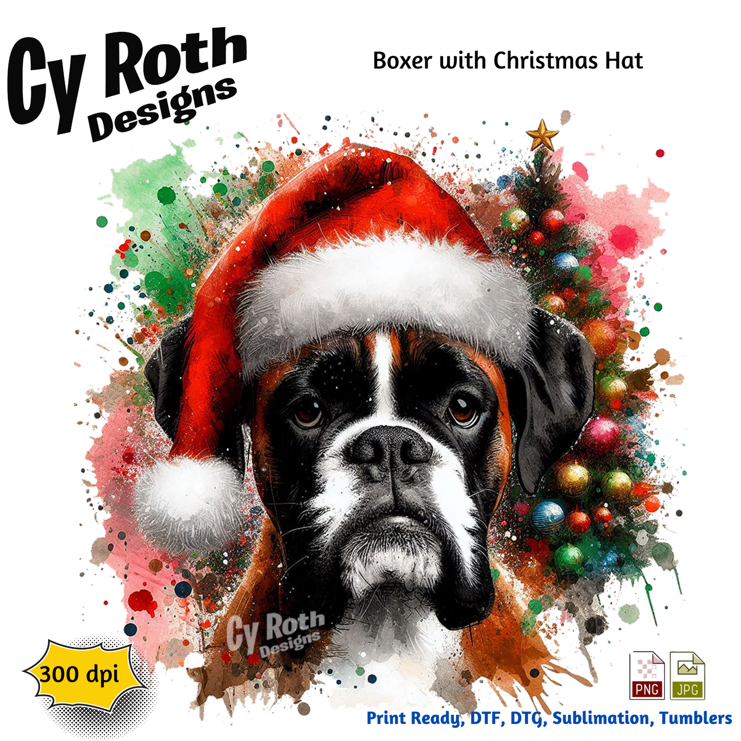 Boxer dog wearing a Santa hat with Christmas decorations on a colorful background, featuring Cy Roth Designs branding.