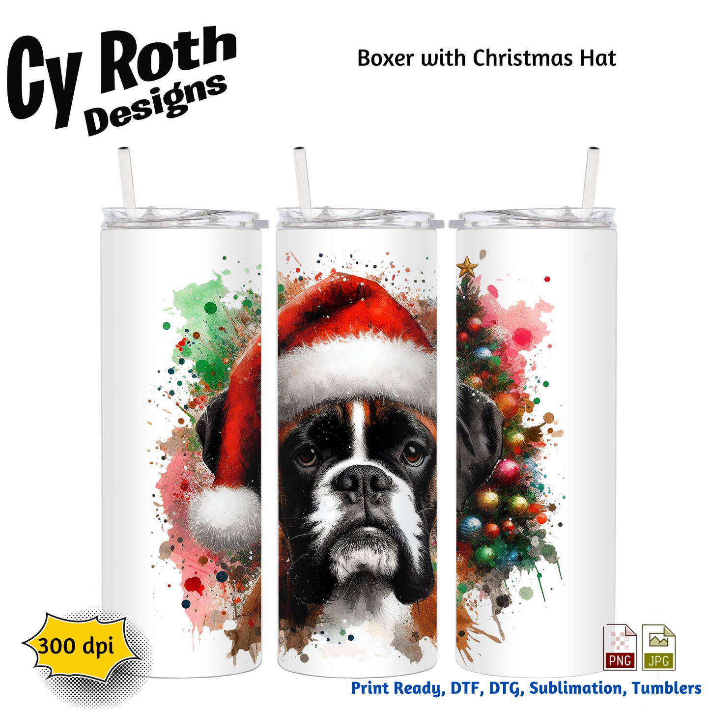 Tumblers with a boxer dog wearing a Christmas hat design, branded 'Cy Roth Designs'.
