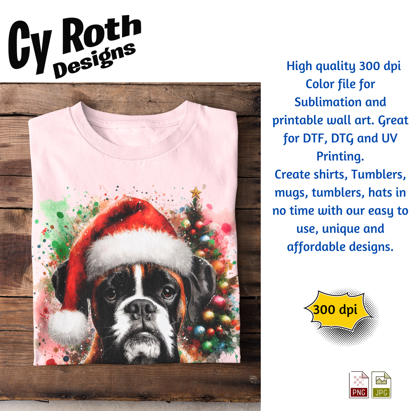 Pink t-shirt with a dog wearing a Santa hat and Christmas tree design on a wooden surface, featuring Cy Roth Designs branding.