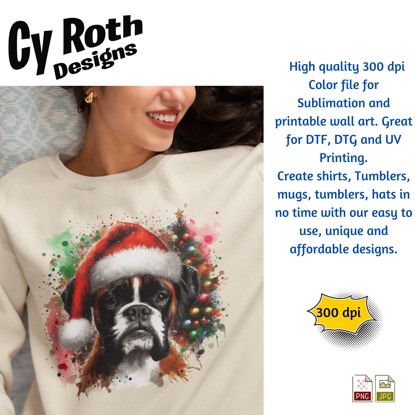 Sweatshirt with a dog wearing a Santa hat design, featuring Cy Roth Designs text and product details.