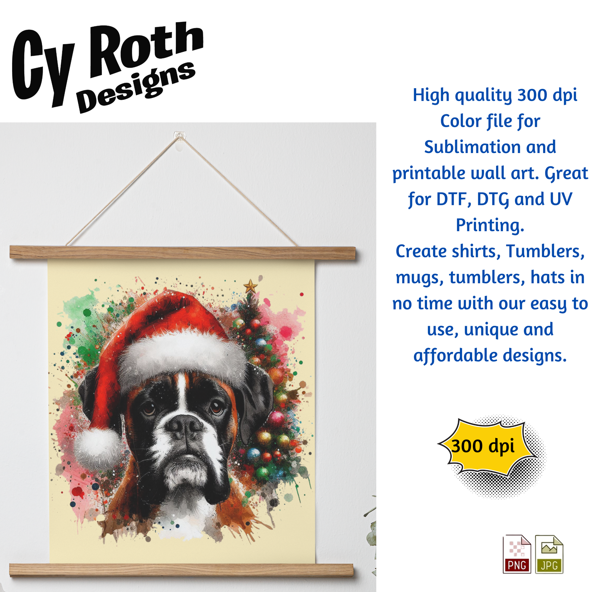Christmas-themed dog poster with Santa hat on a wooden frame, featuring Cy Roth Designs branding.