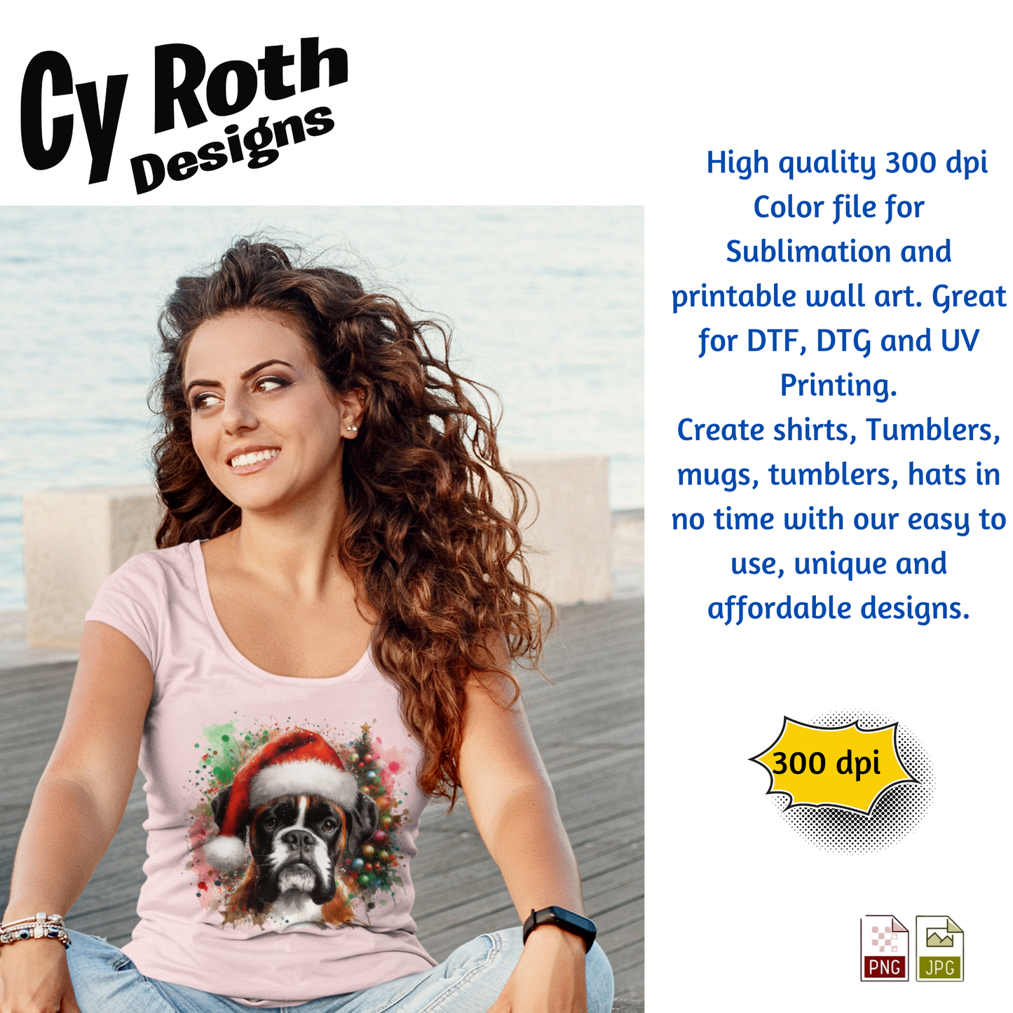 Woman wearing a t-shirt with a dog graphic and text about Cy Roth Designs on the right.