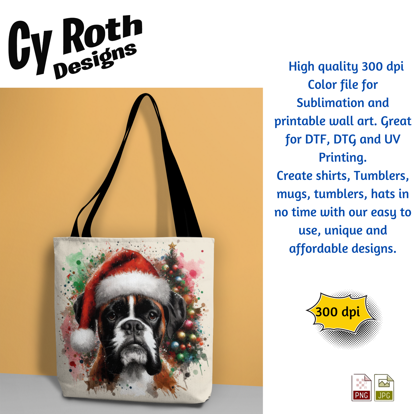 Tote bag with a dog wearing a Santa hat design on a yellow background, featuring Cy Roth Designs text.