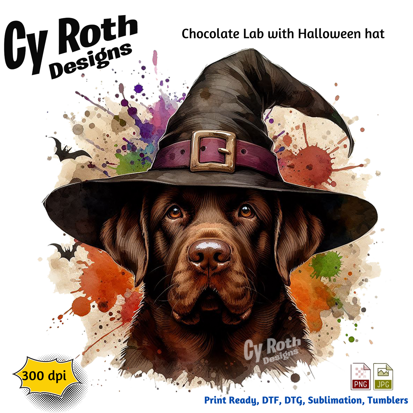 Chocolate Lab wearing a witch hat with Halloween-themed background, Cy Roth Designs branding.