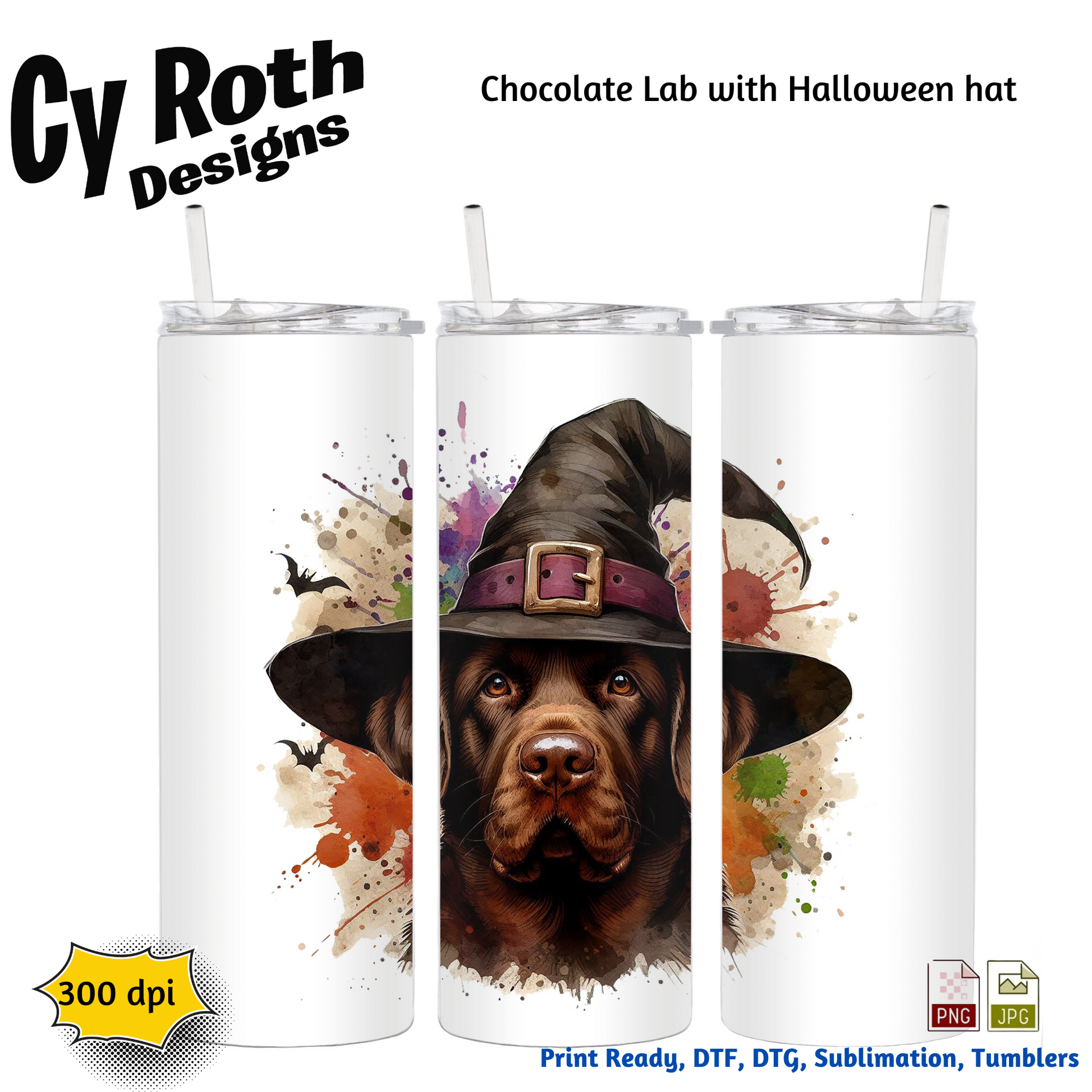 Tumblers with a chocolate lab wearing a Halloween witch hat design, branded 'Cy Roth Designs'.