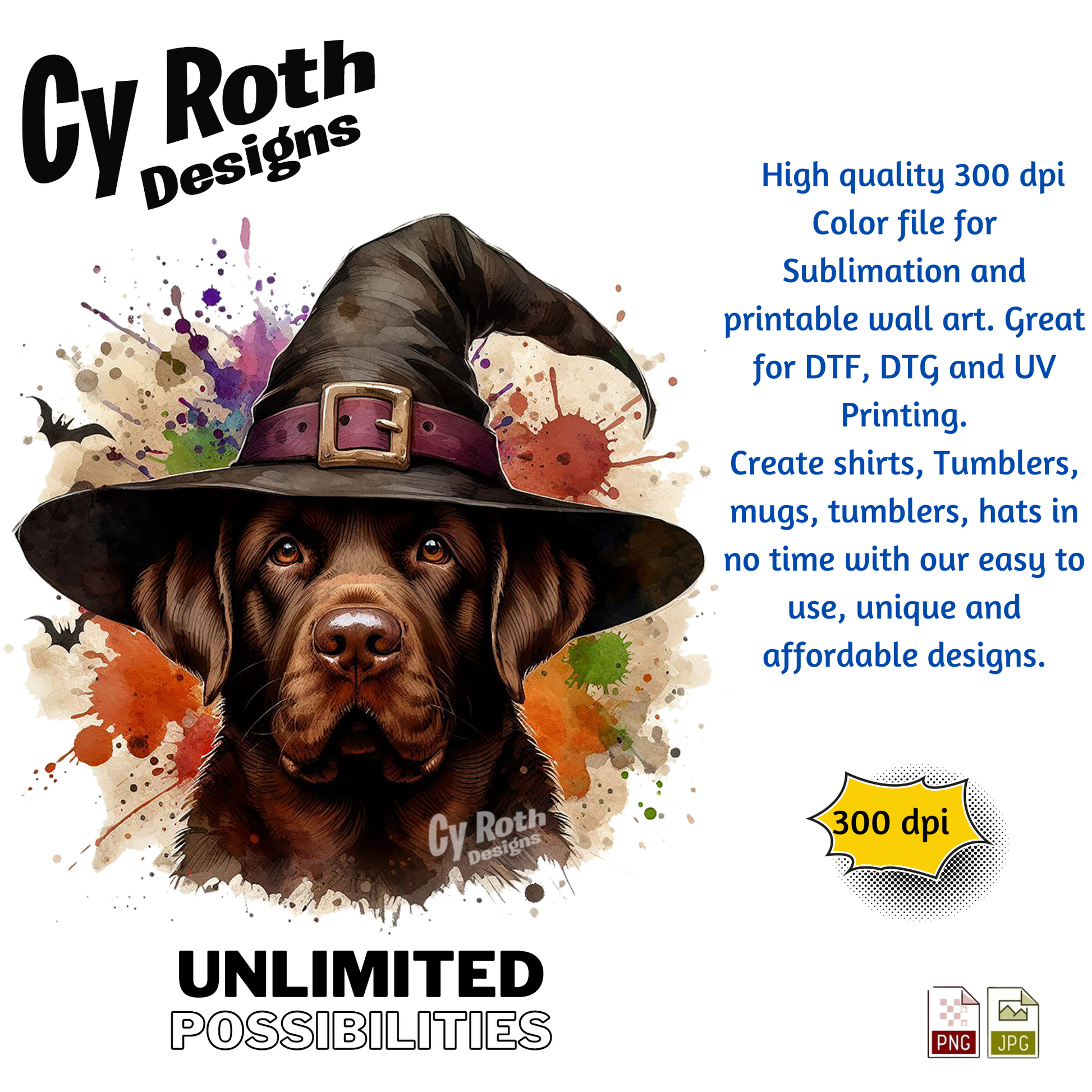 Dog wearing a witch hat with Cy Roth Designs branding and promotional text.