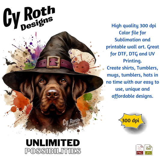 Dog wearing a witch hat with Cy Roth Designs branding and promotional text.