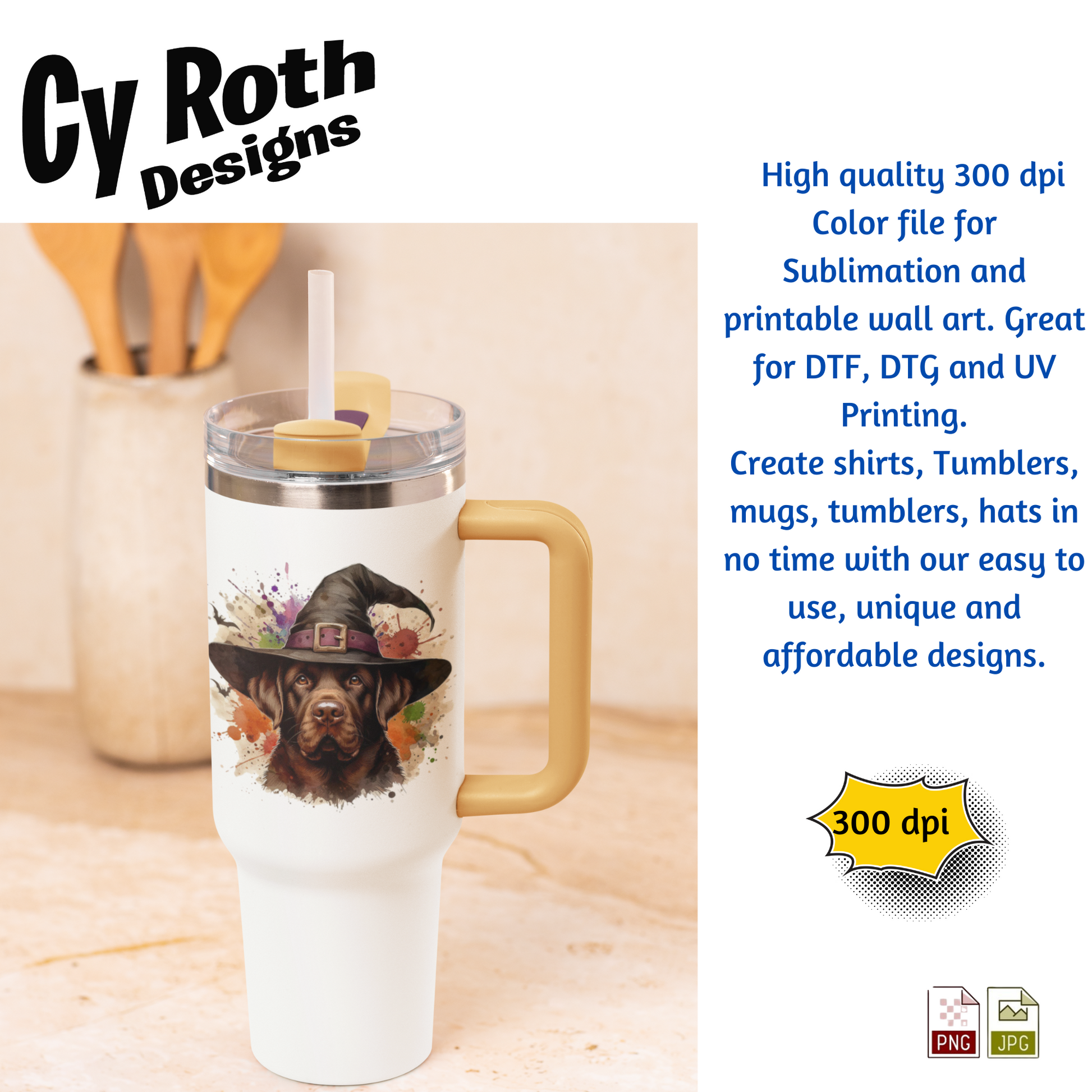White tumbler with a dog wearing a witch hat design, surrounded by kitchen items.