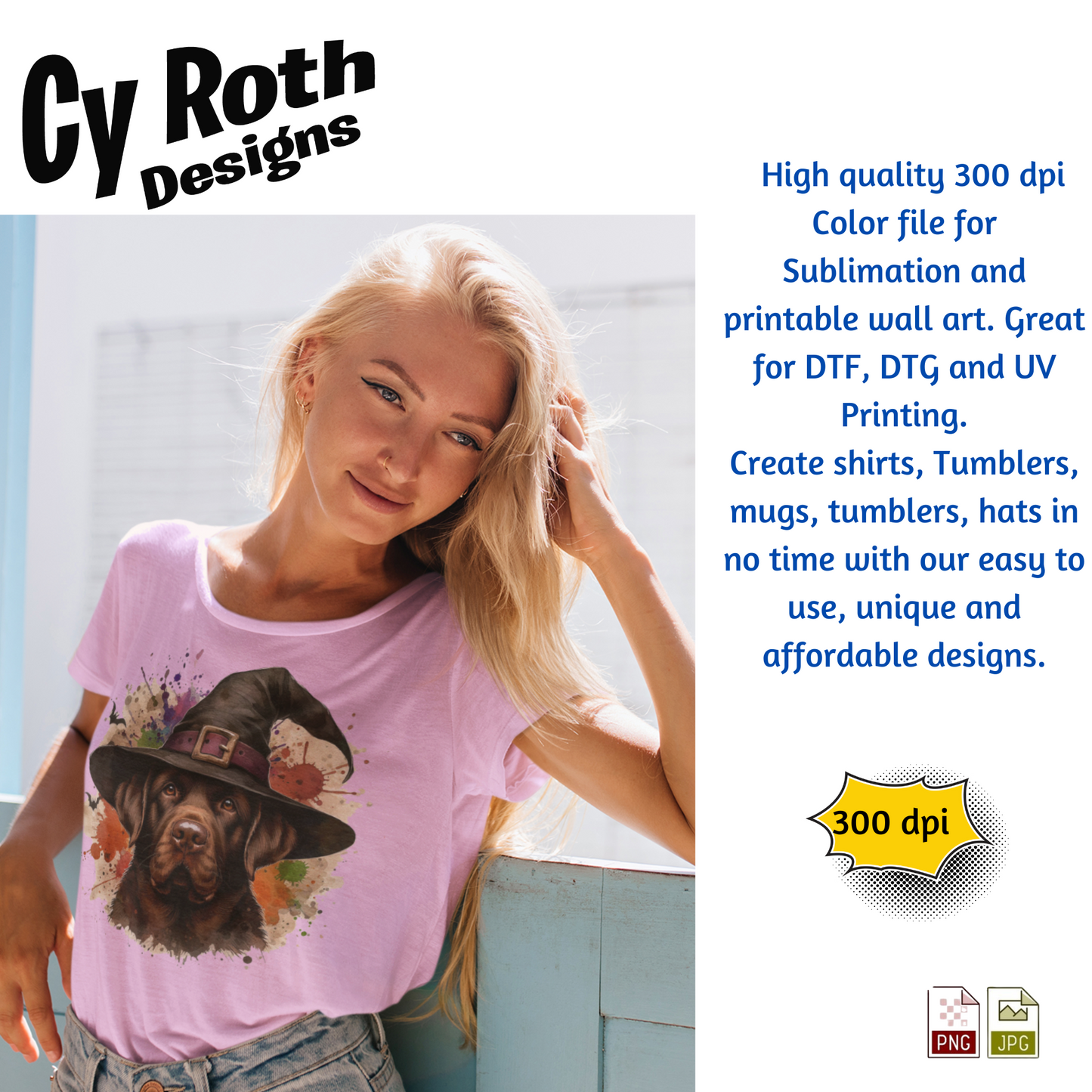 Woman wearing a pink t-shirt with a dog graphic, promotional text for Cy Roth Designs on the right.