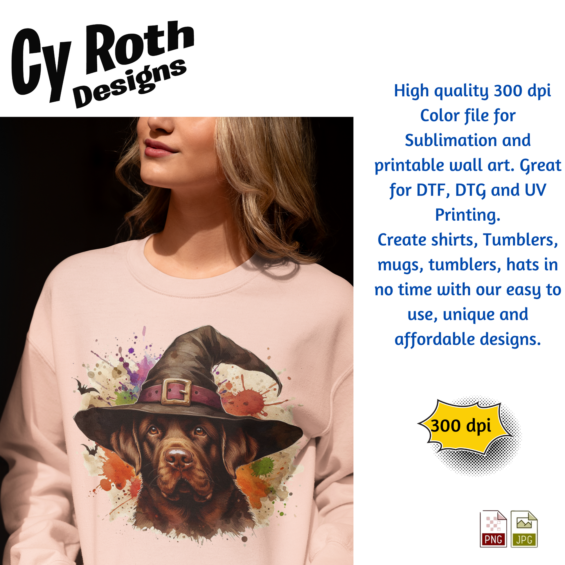 Person wearing a sweatshirt with a dog graphic and text about Cy Roth Designs.