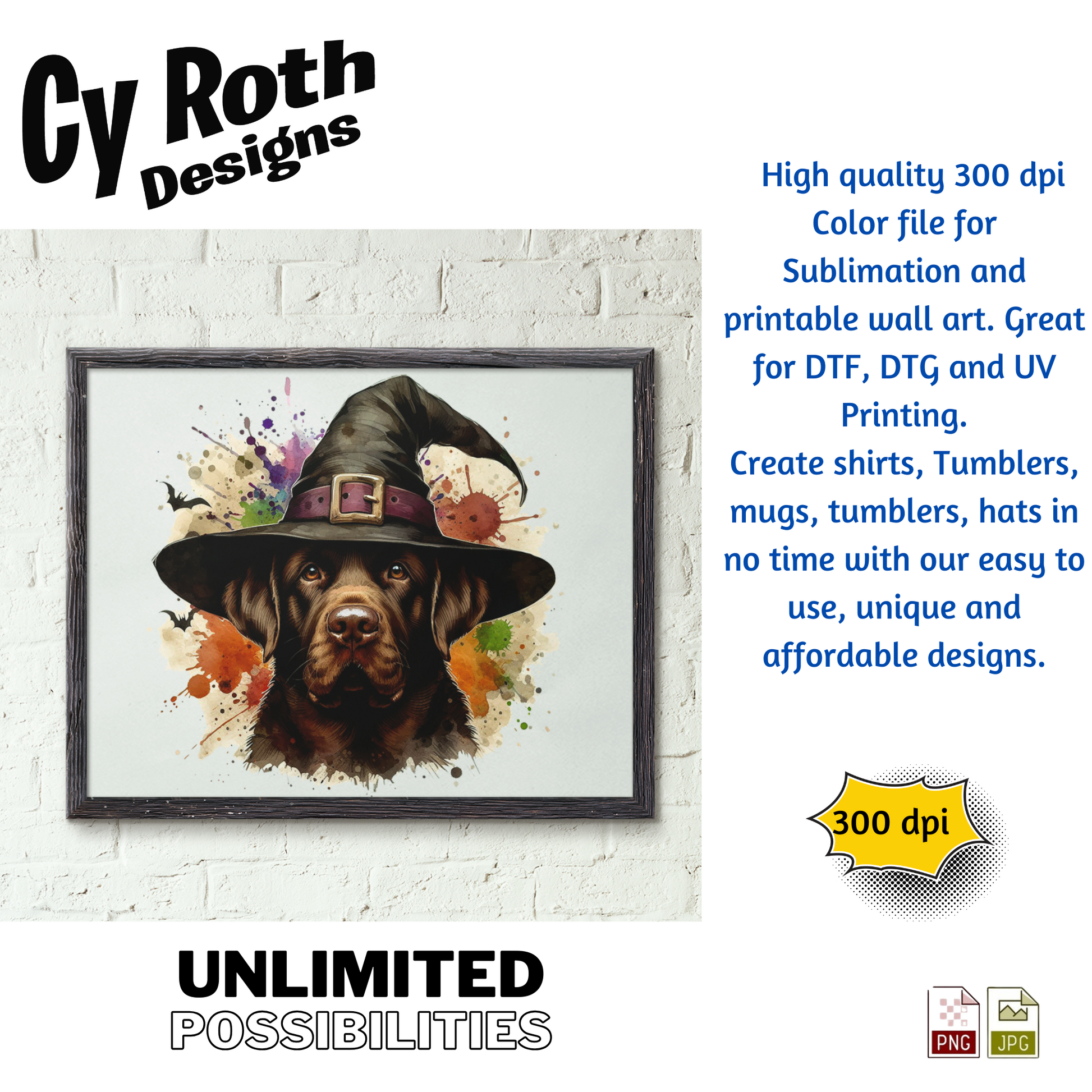 Framed artwork of a dog wearing a witch hat with colorful accents on a white brick wall background, featuring Cy Roth Designs branding.
