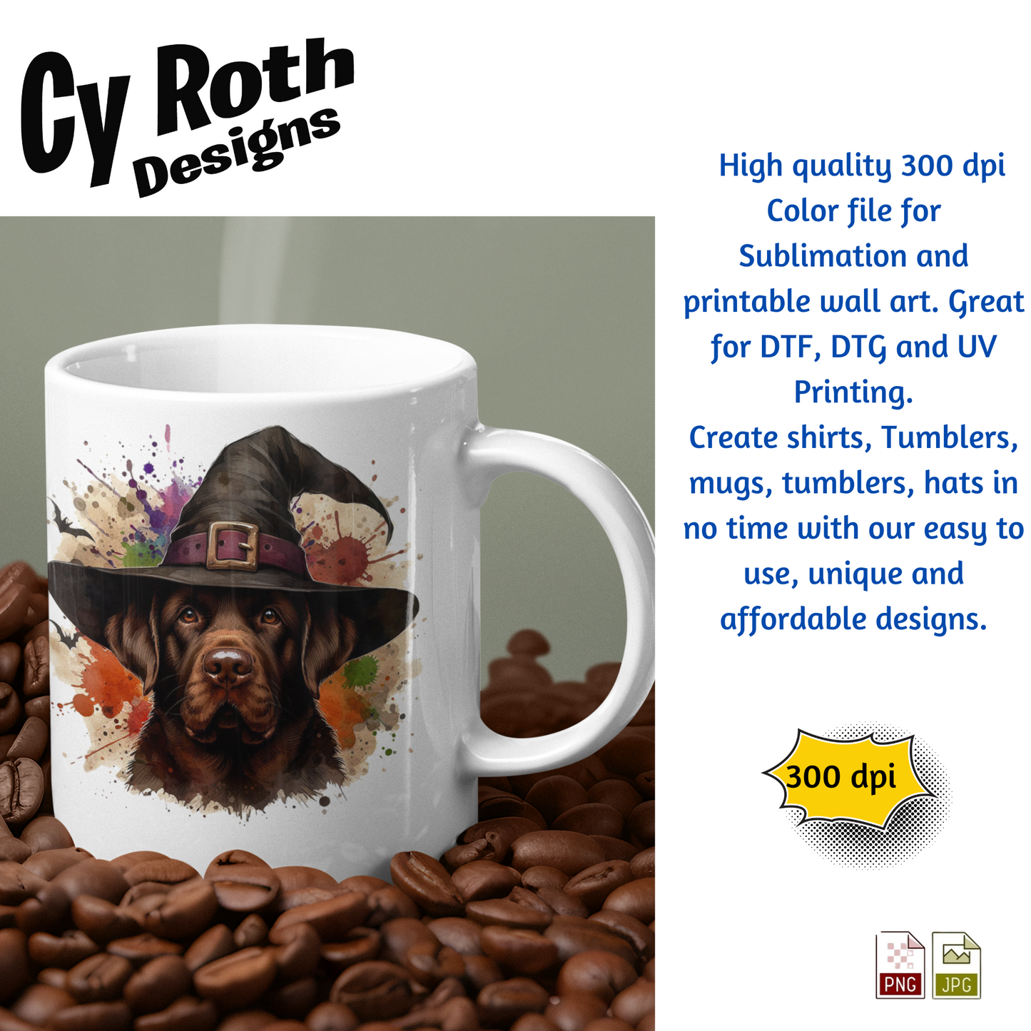 White mug with a dog wearing a witch hat design, surrounded by coffee beans, with Cy Roth Designs branding.