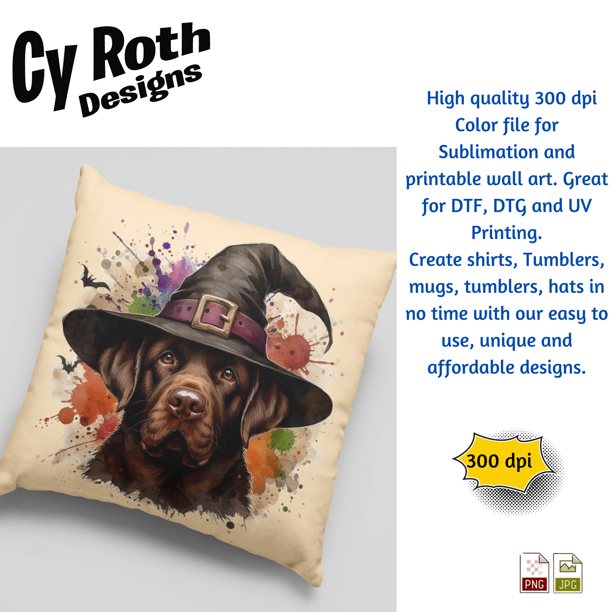 Decorative pillow with a dog wearing a witch hat on a light gray background, featuring Cy Roth Designs branding.