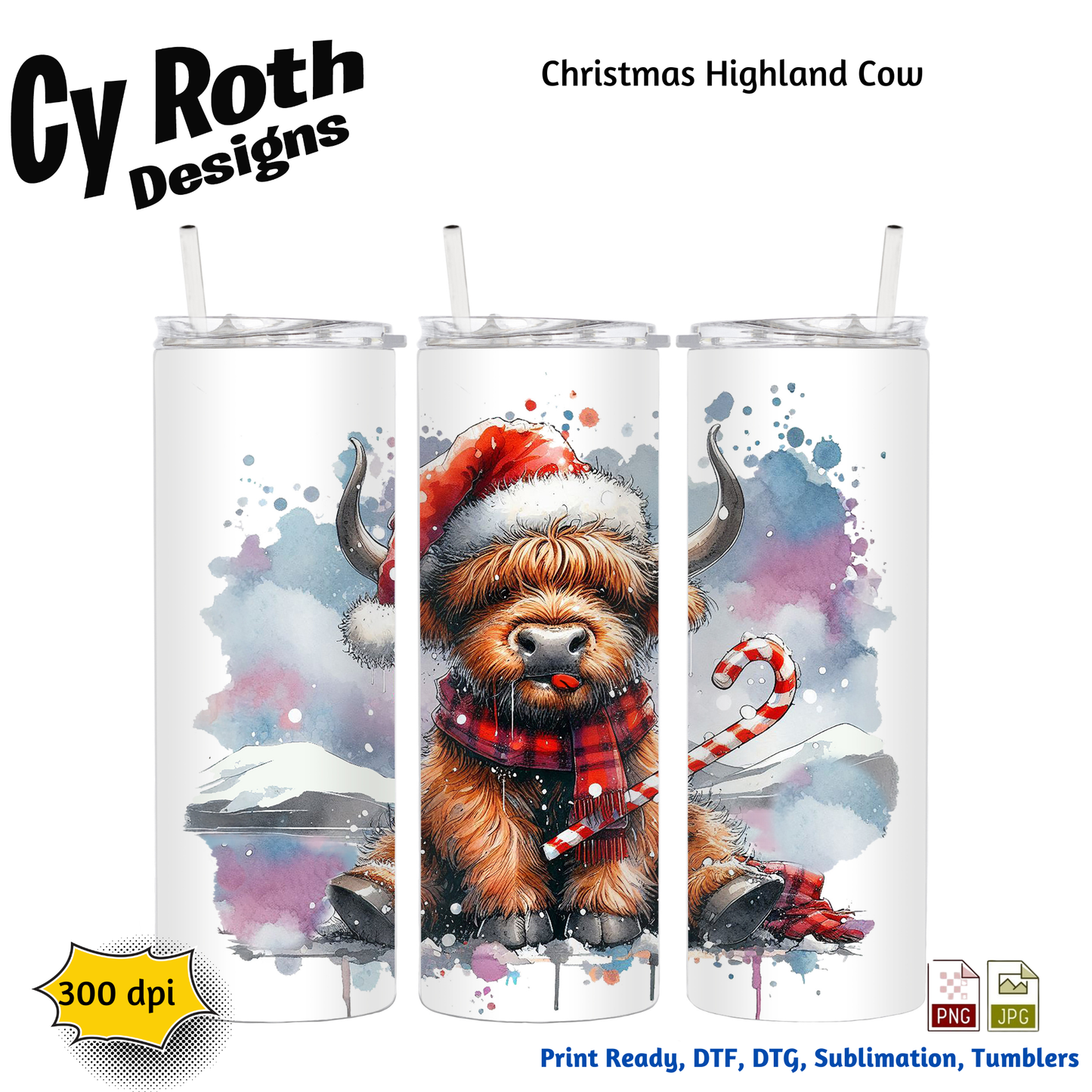 HIghland Cow Christmas Sublimation PNG JPG file, Wall Art 20oz skinny Tumbler, shirt PNG, Downloadable File