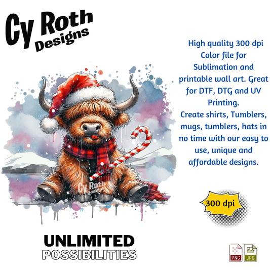 HIghland Cow Christmas Sublimation PNG JPG file, Wall Art 20oz skinny Tumbler, shirt PNG, Downloadable File