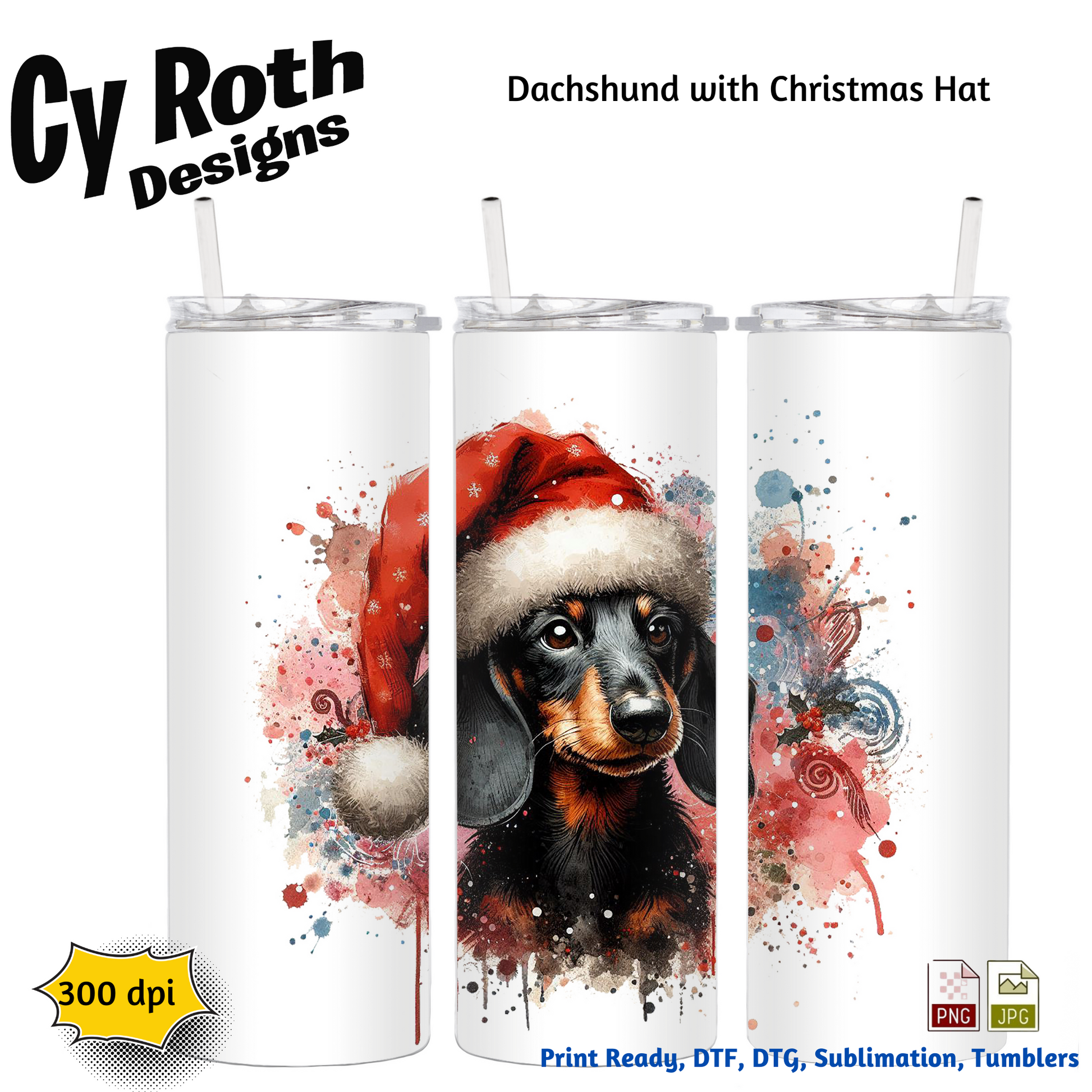 Tumblers with a dachshund wearing a Christmas hat design, branded 'Cy Roth Designs'.