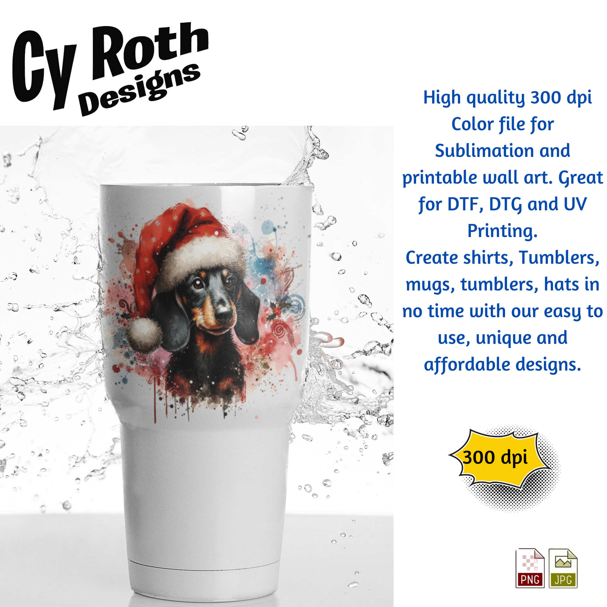 White tumbler with a Dachshund wearing a Santa hat design, featuring Cy Roth Designs branding.