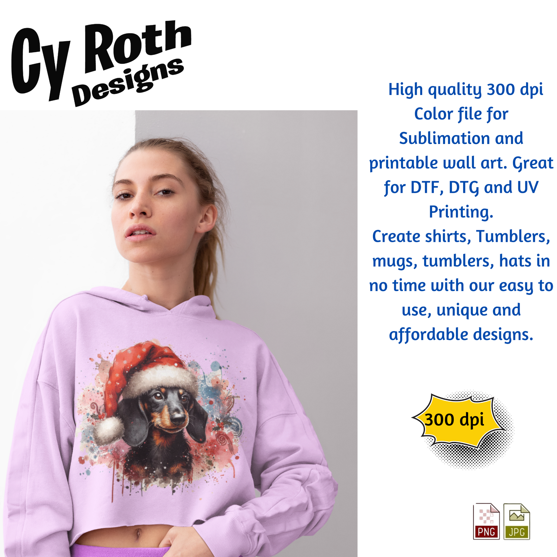 Person wearing a purple hoodie with a dog wearing a Santa hat design, featuring Cy Roth Designs text and product details.