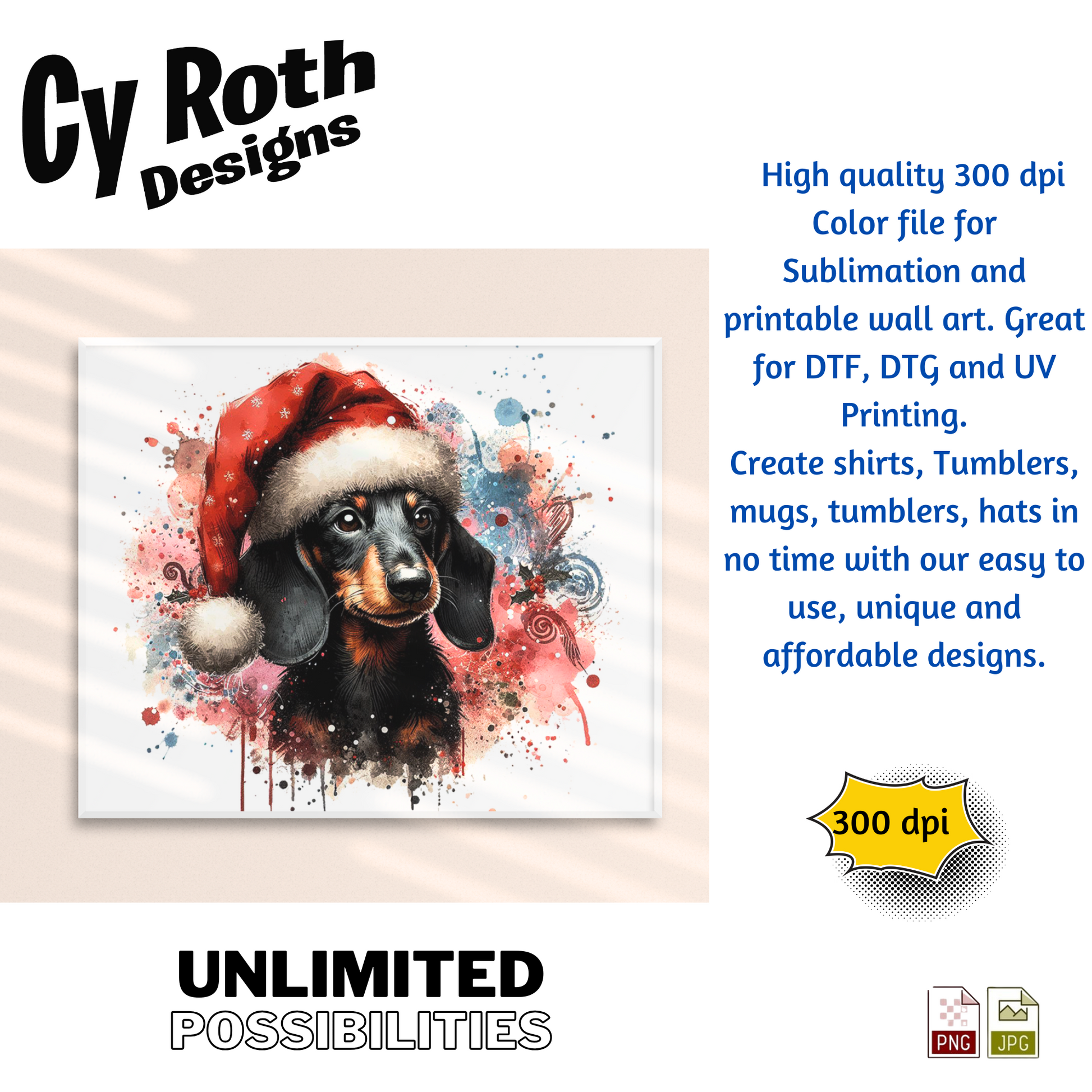 Dog wearing a Santa hat with artistic design elements, featuring Cy Roth Designs branding.