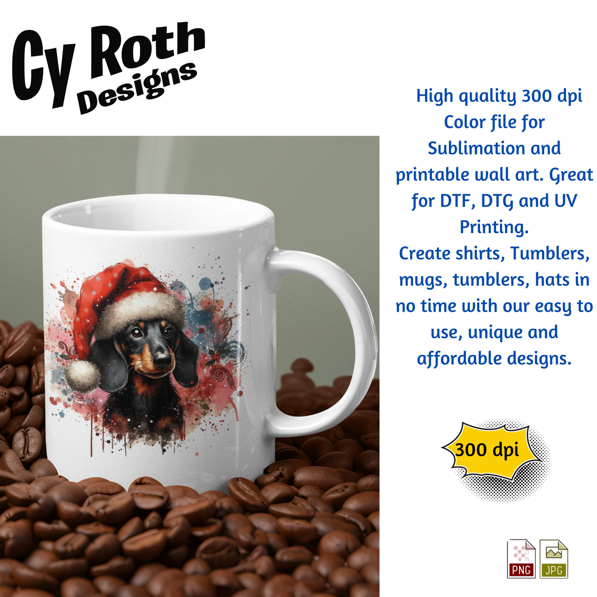 White mug with a dog wearing a Santa hat design, surrounded by coffee beans, with text about Cy Roth Designs.