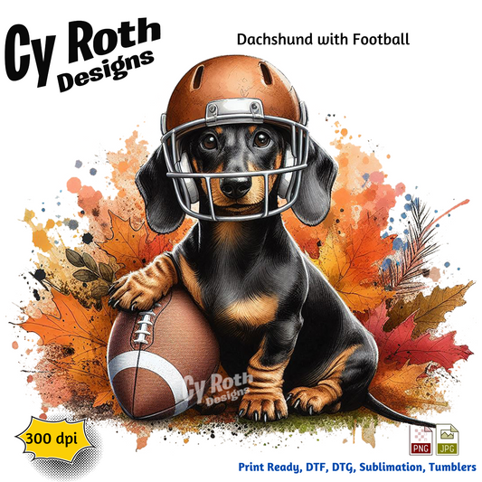 Dachshund wearing football helmet sublimation design for tumblers, T-Shirts, Wall Art (PNG, SVG Digital Download).