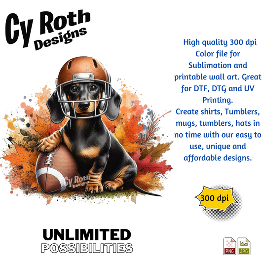 Dachshund wearing football helmet sublimation design for tumblers, T-Shirts, Wall Art (PNG, SVG Digital Download).