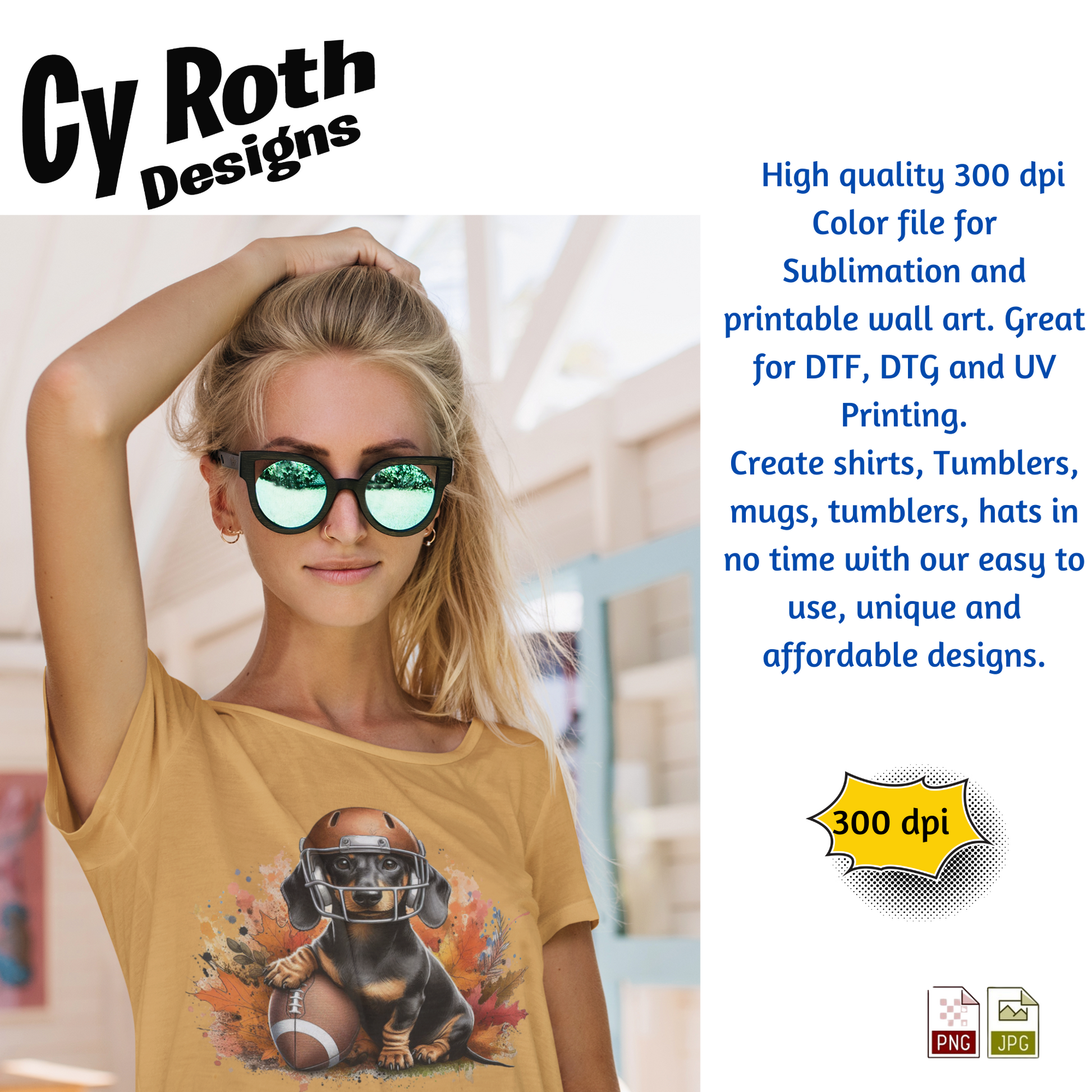 Woman wearing a t-shirt with a Dachshund wearing football helmet. Sublimation design for tumblers, T-Shirts, Wall Art (PNG, SVG Digital Download).