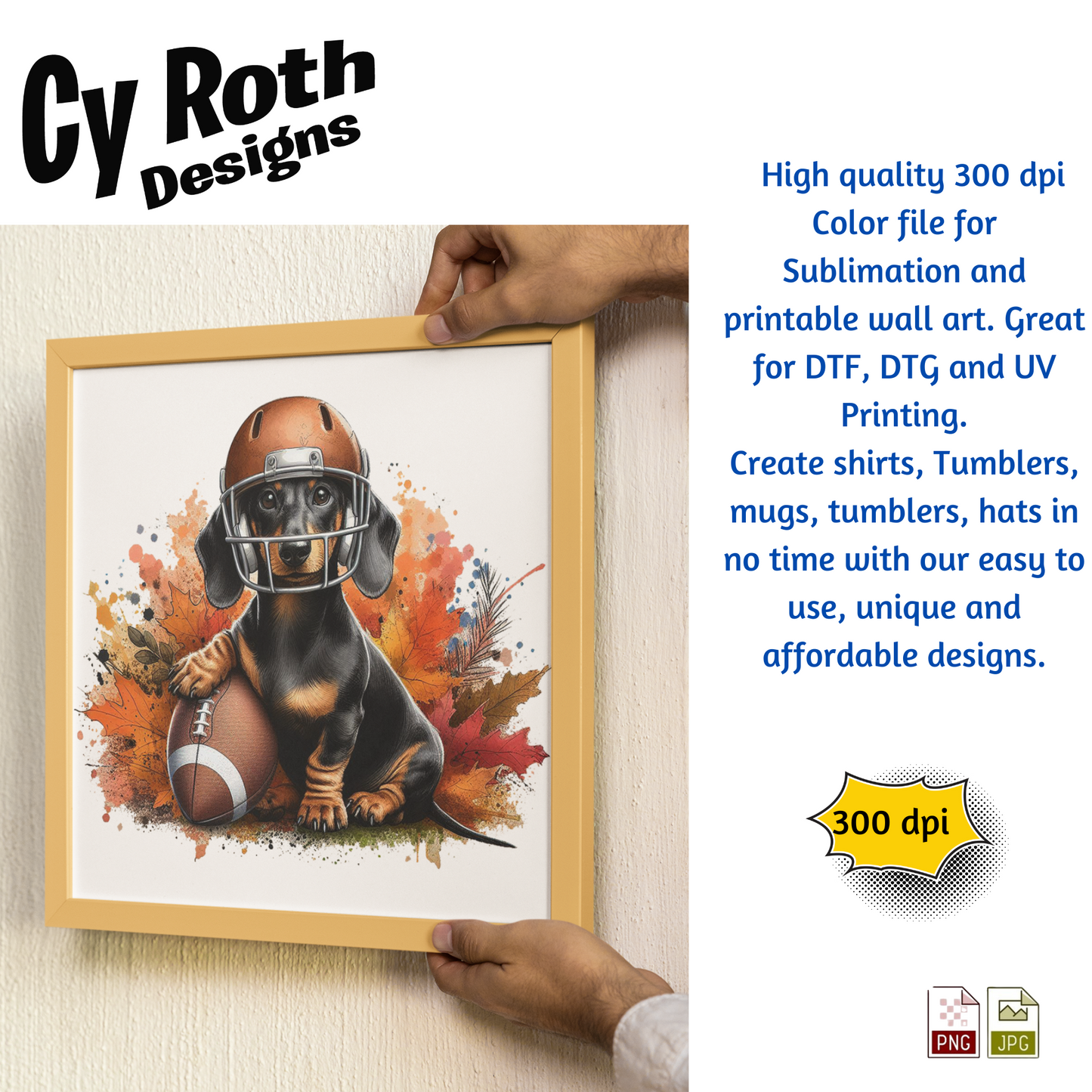 Framed picture of a Dachshund wearing football helmet to show this sublimation design for tumblers, T-Shirts, Wall Art (PNG, SVG Digital Download).
