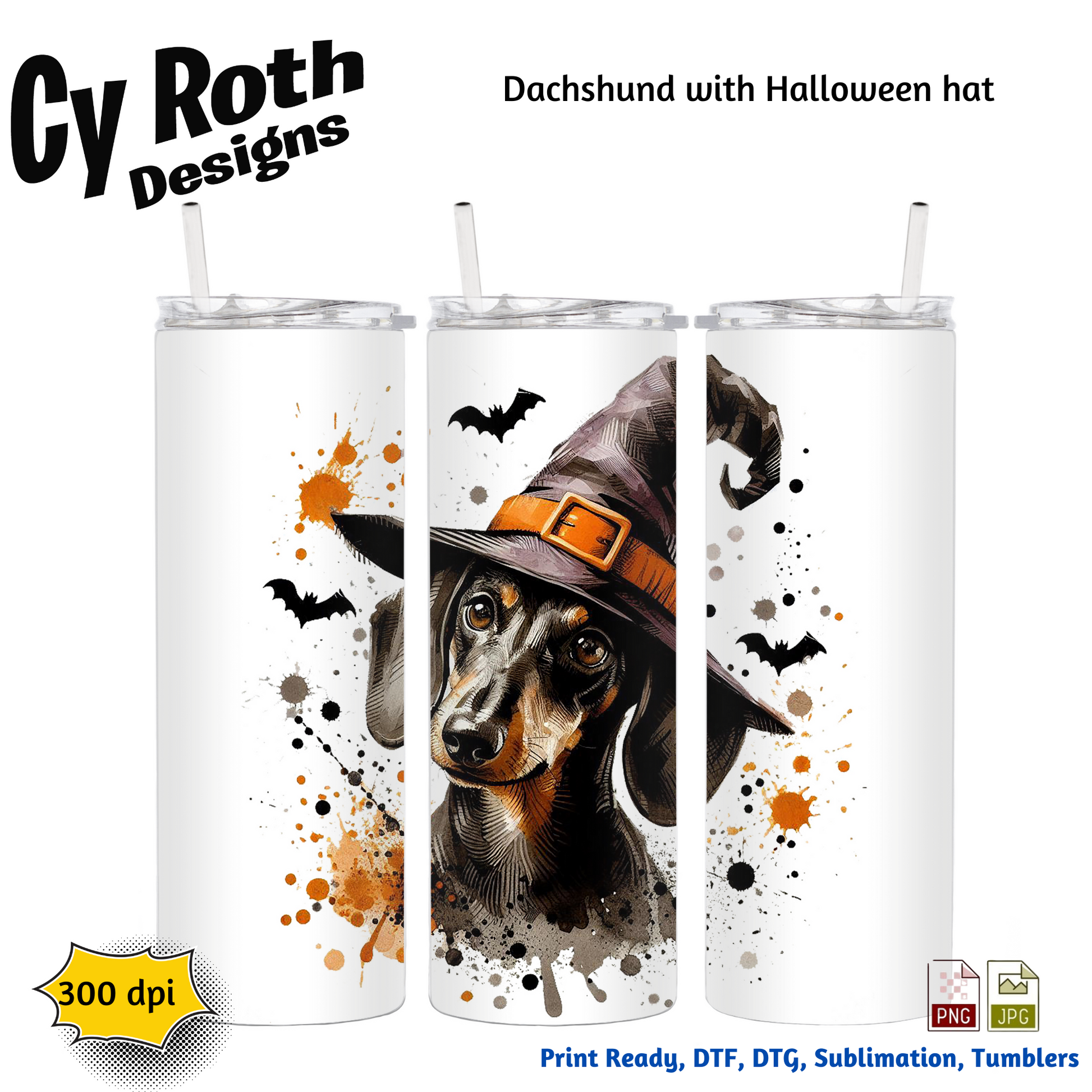 Tumblers with a dachshund wearing a Halloween hat design, branded 'Cy Roth Designs'.