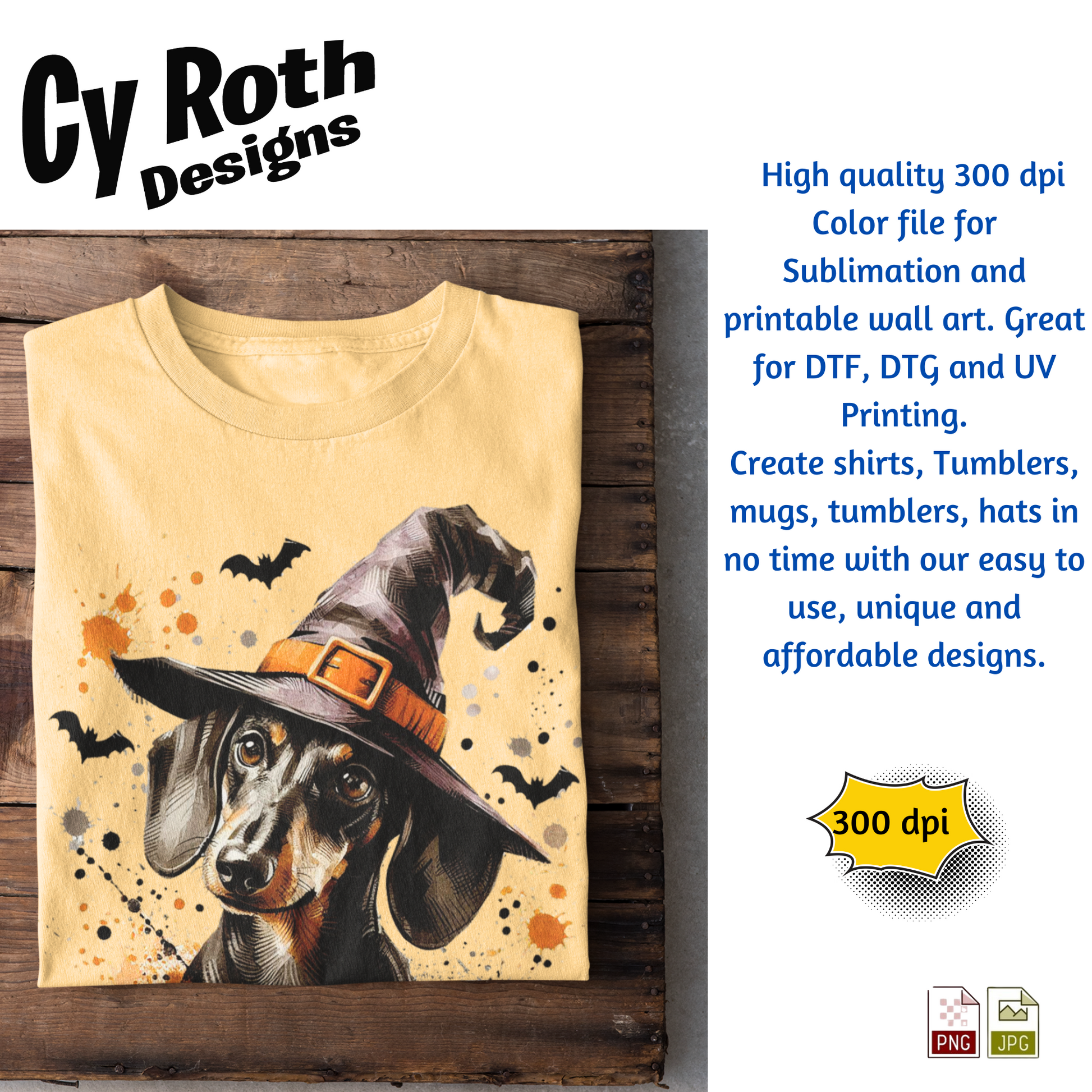Yellow t-shirt with a dog wearing a witch hat design on a wooden surface, featuring Cy Roth Designs branding.