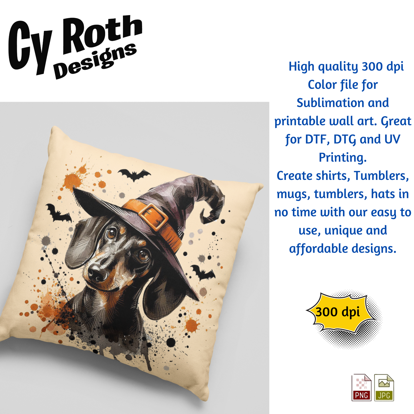 Decorative pillow with a dog wearing a witch hat on a light gray background, featuring Cy Roth Designs branding.