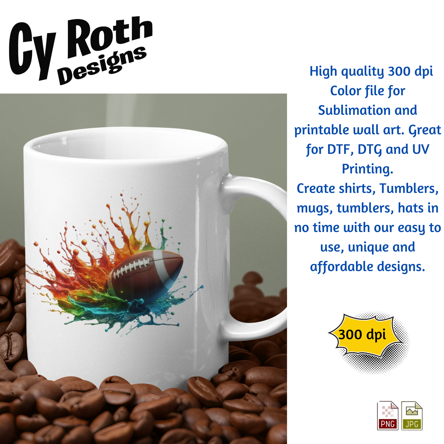 Football Sublimation PNG JPG file, Wall Art 20oz skinny Tumbler, shirt PNG, Junk Journal image. 3D Football Splash