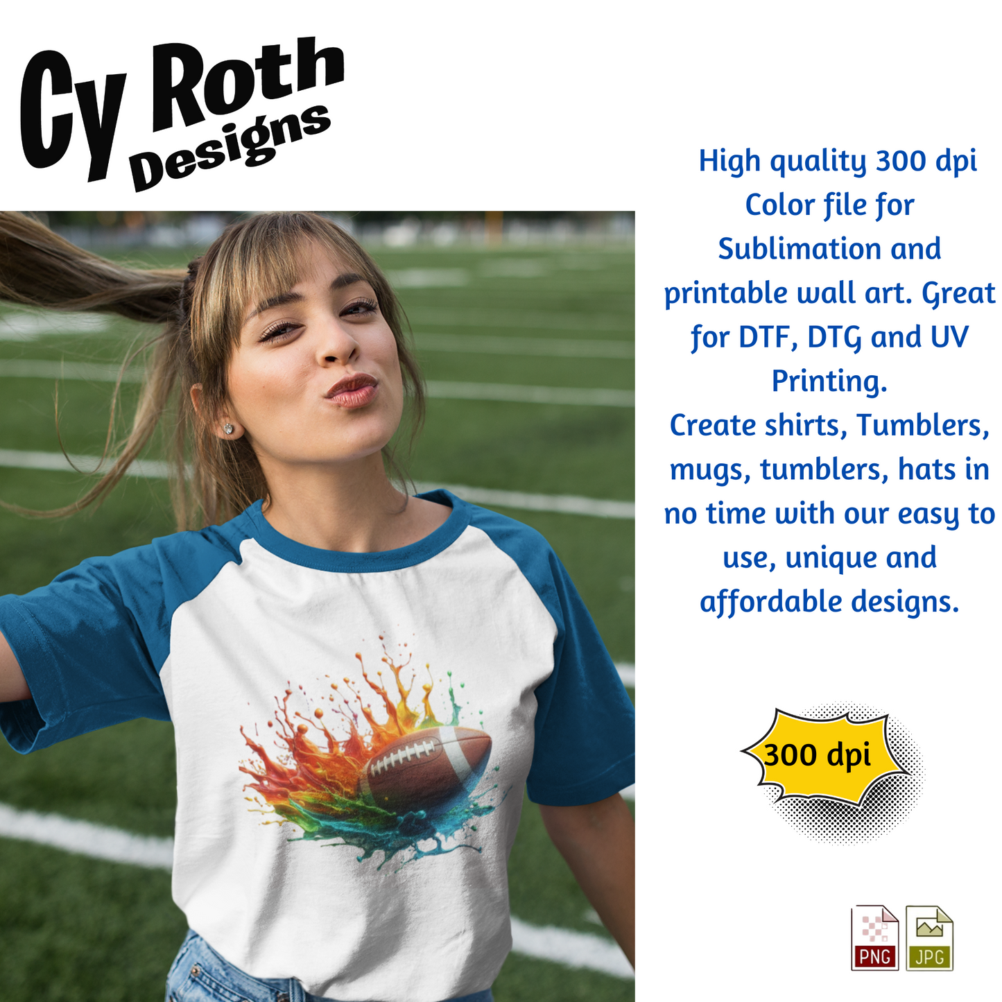 Football Sublimation PNG JPG file, Wall Art 20oz skinny Tumbler, shirt PNG, Junk Journal image. 3D Football Splash