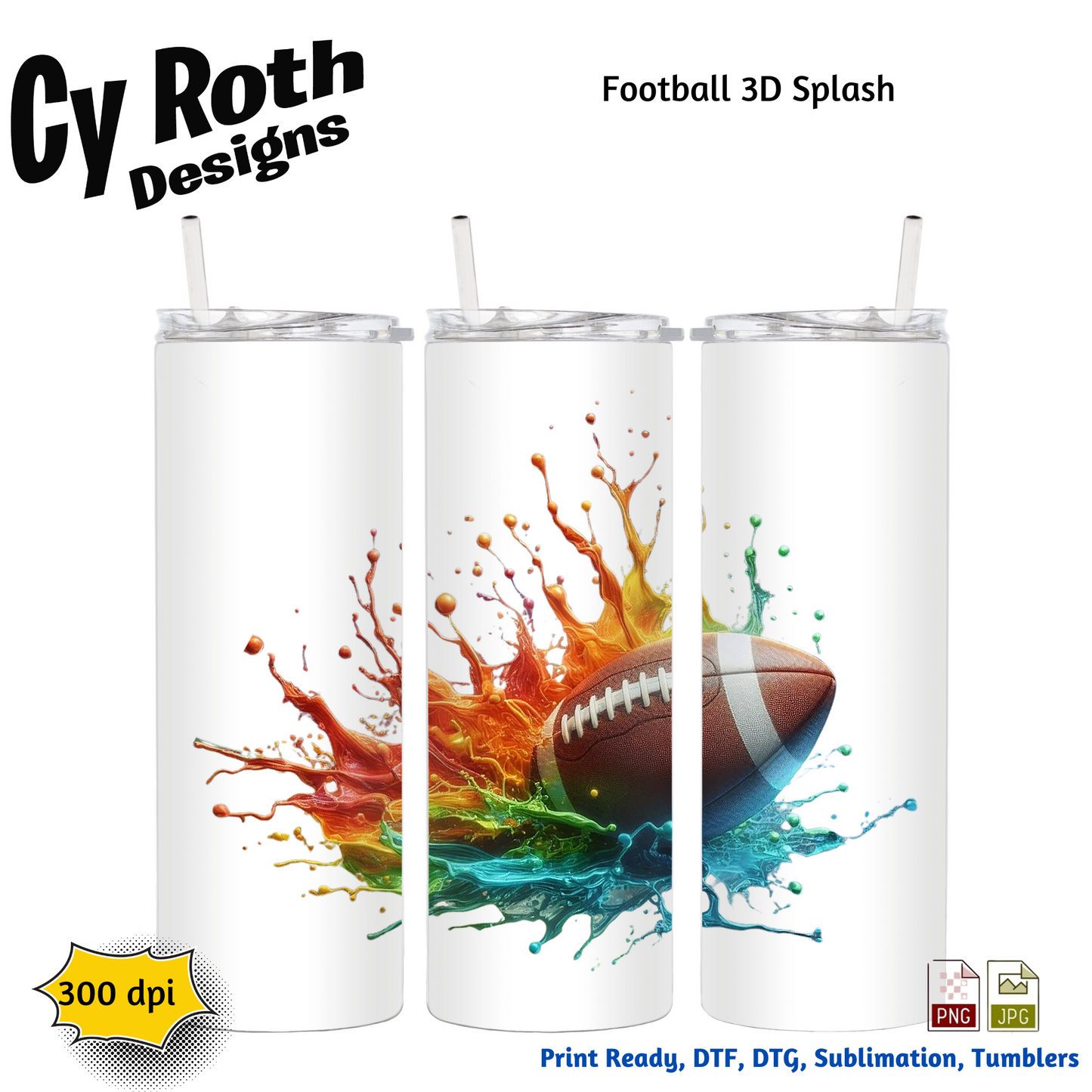 Football Sublimation PNG JPG file, Wall Art 20oz skinny Tumbler, shirt PNG, Junk Journal image. 3D Football Splash