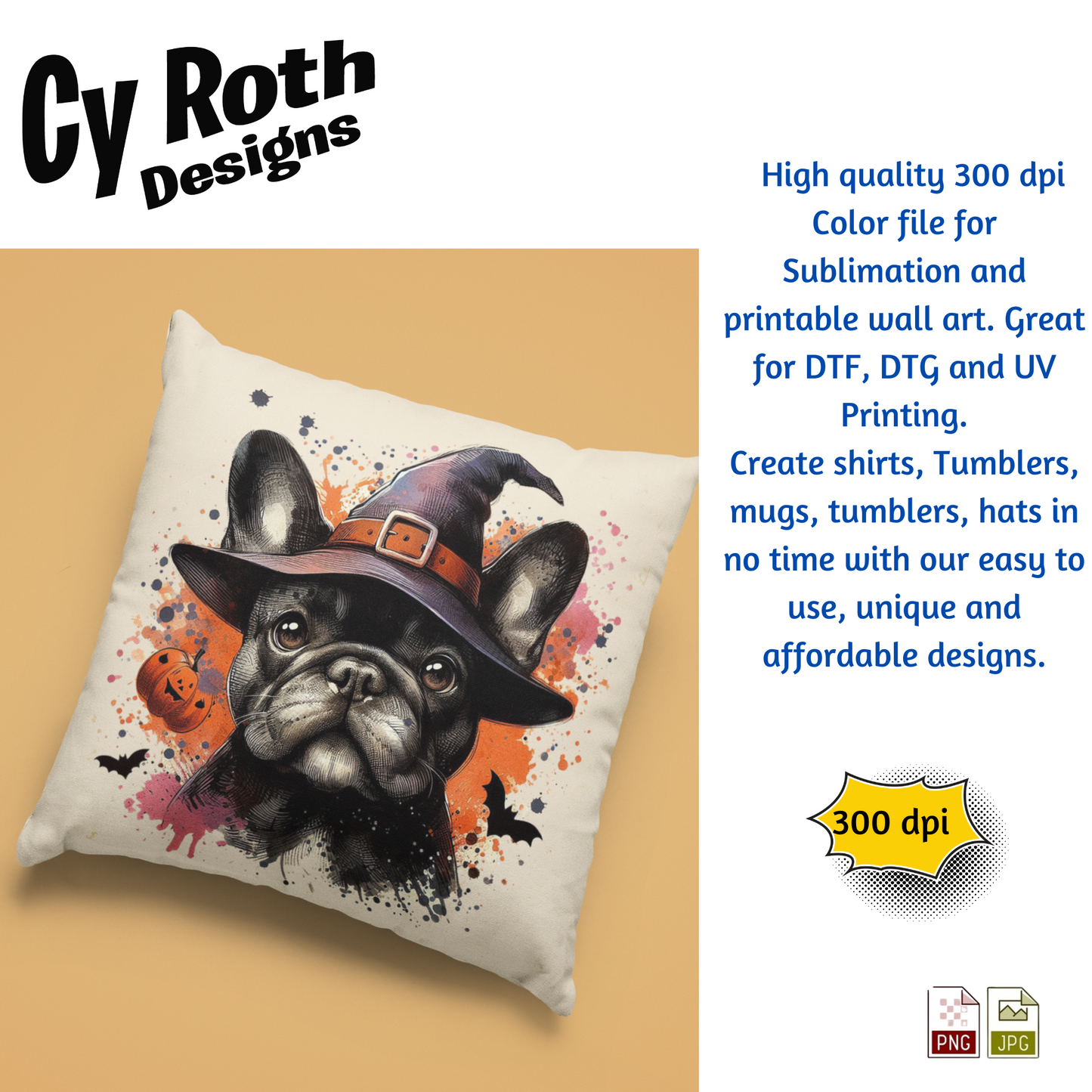 Decorative pillow with a dog wearing a witch hat on a beige background, featuring Cy Roth Designs branding.