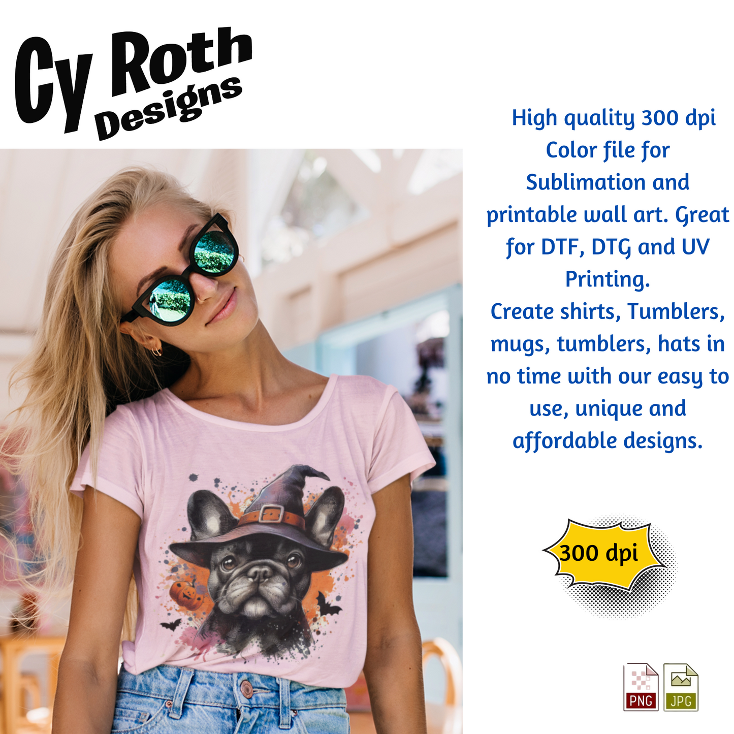 Woman wearing a pink t-shirt with a dog graphic, surrounded by promotional text about Cy Roth Designs.