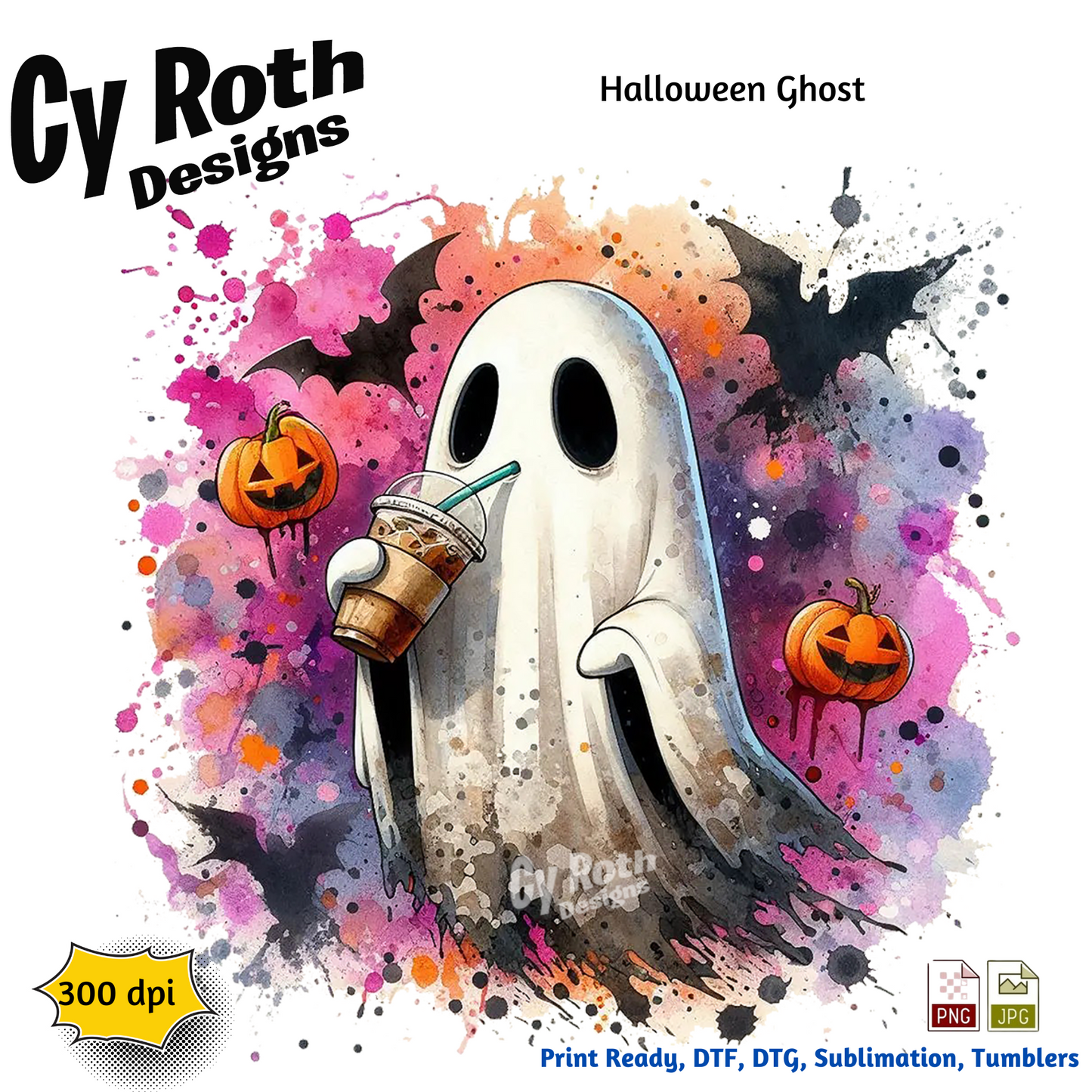 Halloween ghost sipping on iced coffee sublimation design for tumblers, T-Shirts, Wall Art (PNG, SVG Digital Download).