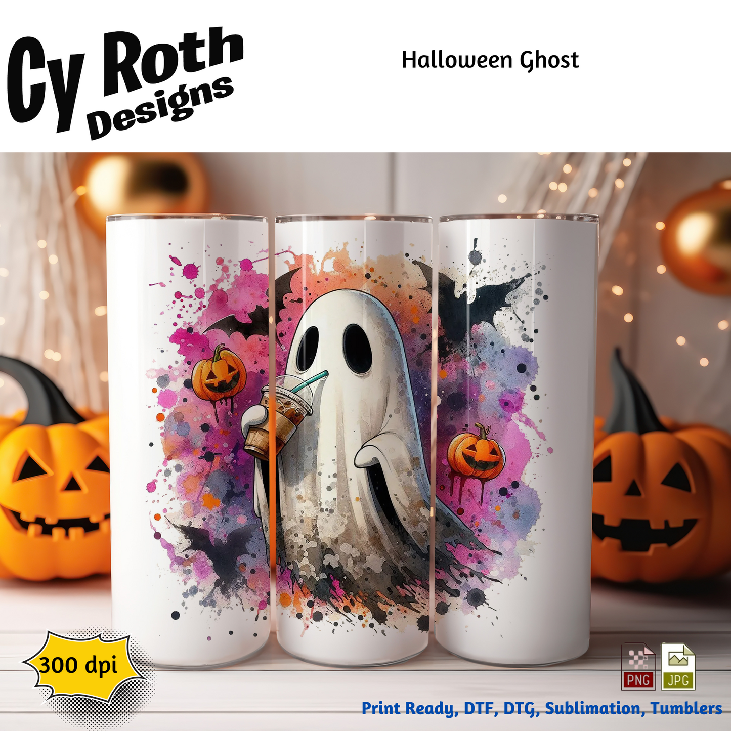 20 oz tumbler with Halloween ghost sipping on iced coffee sublimation design