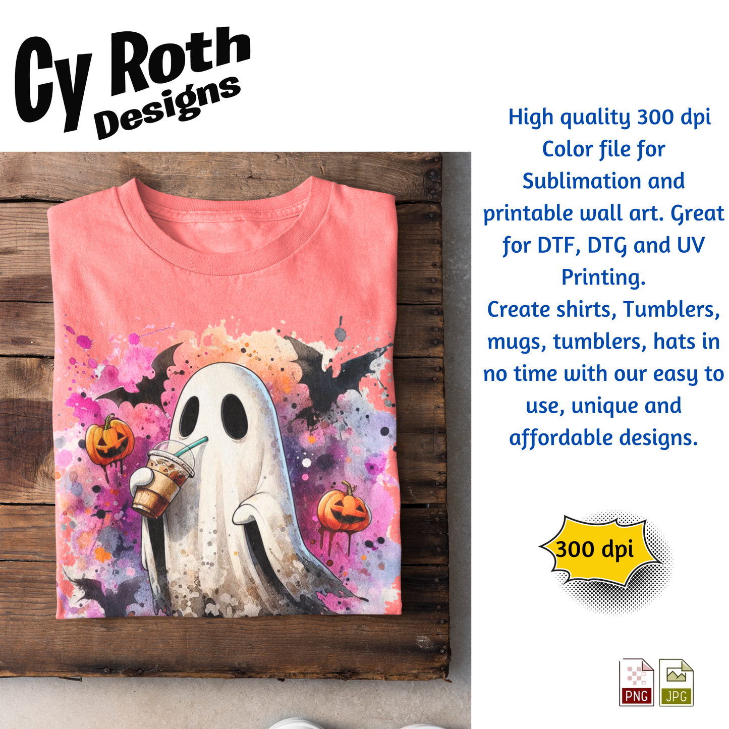 T-shirt with image of a Halloween ghost sipping on iced coffee