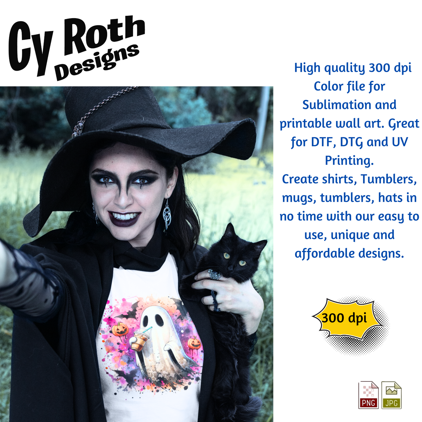 Woman in Halloween costume wearing shirt featuring a Halloween ghost sipping on iced coffee