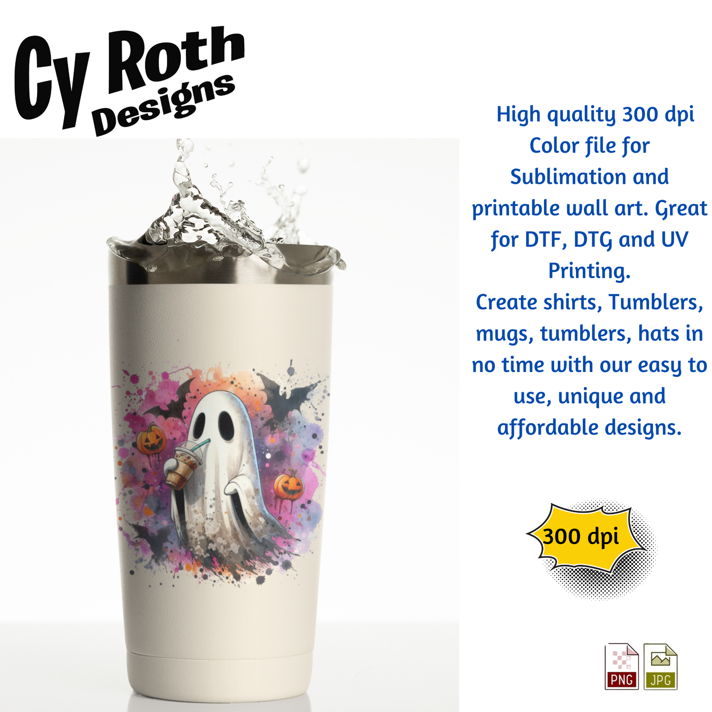Tumbler with image of a Halloween ghost sipping on iced coffee