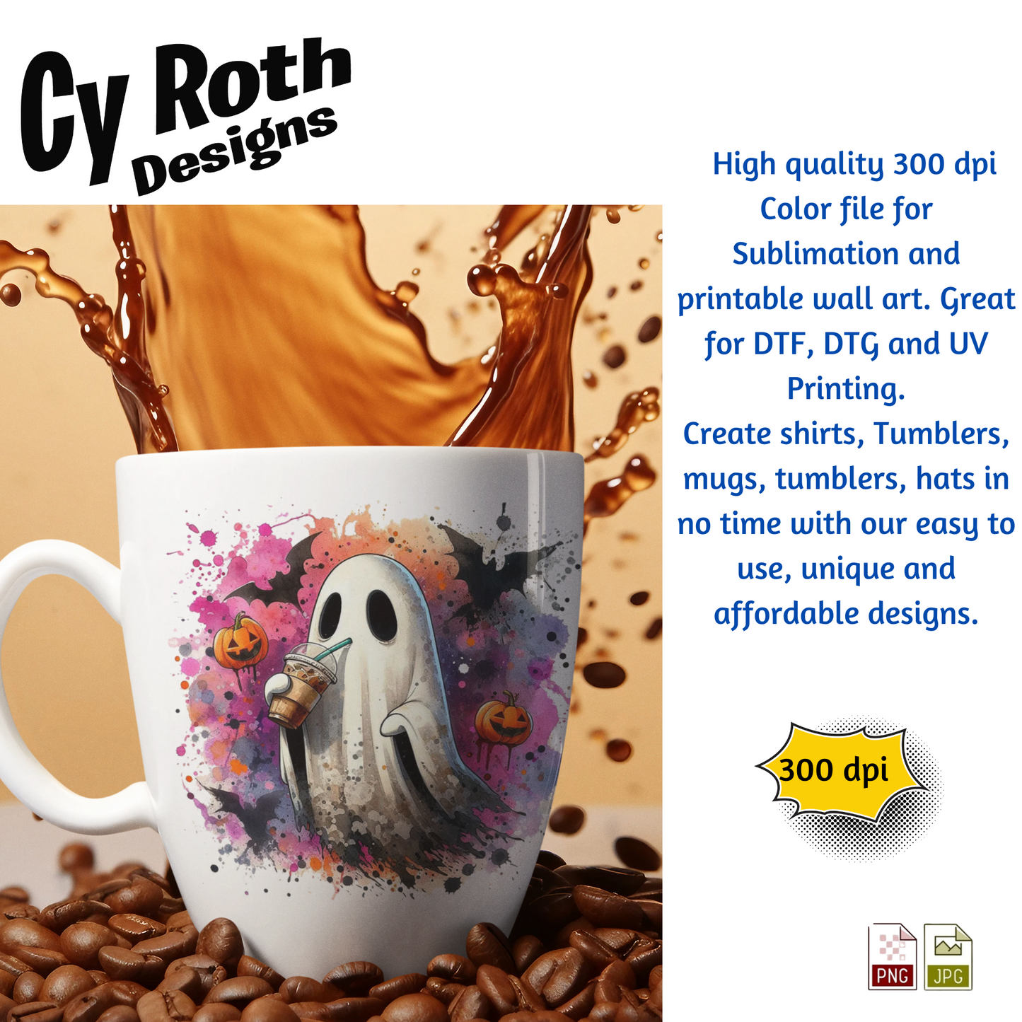 Coffee mug with image of a Halloween ghost sipping on iced coffee