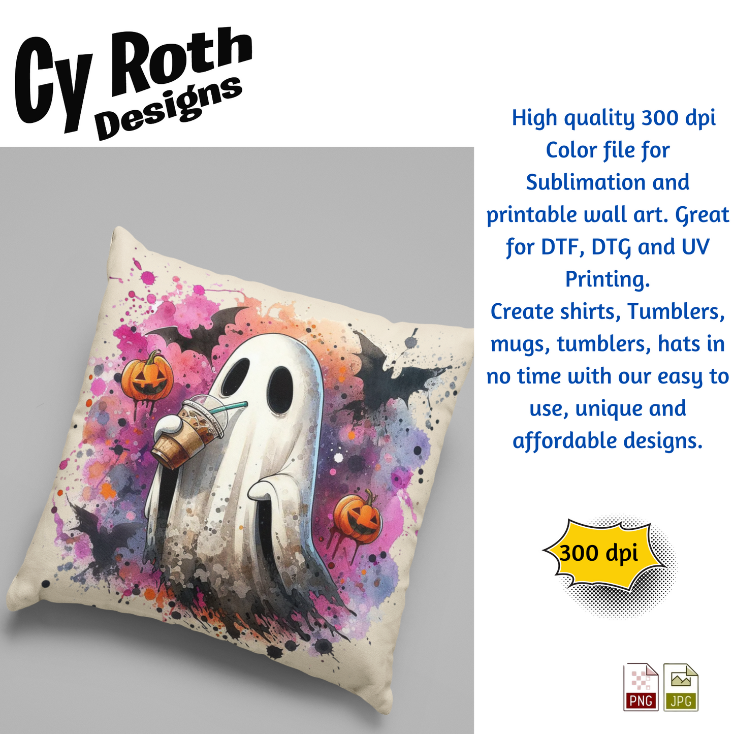 Decorative pillow with image of a Halloween ghost sipping on iced coffee